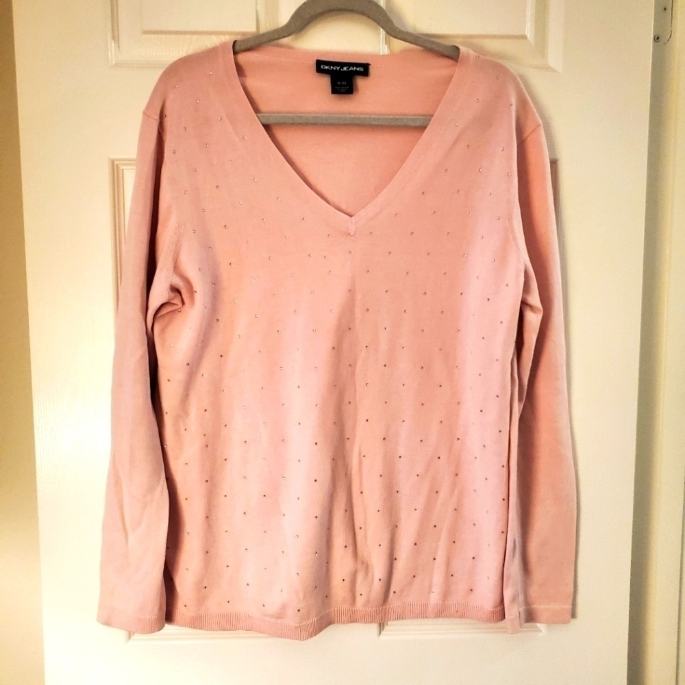 DKNY Jeans Embellished Sweater Sz XL Pink